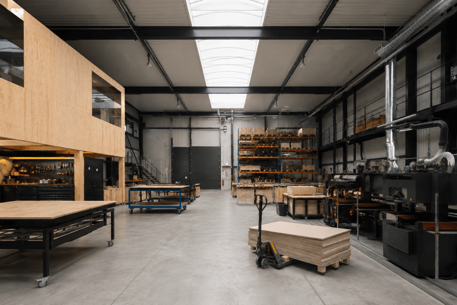 Werkplaats interieur met zachte diffuus daglicht door een lichtstraat