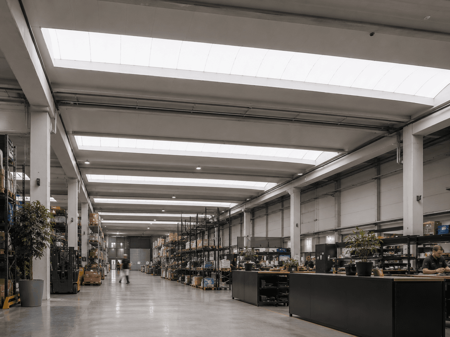 Comfortabele werkvloer in een bedrijfshal dankzij lichtstraat zonwering