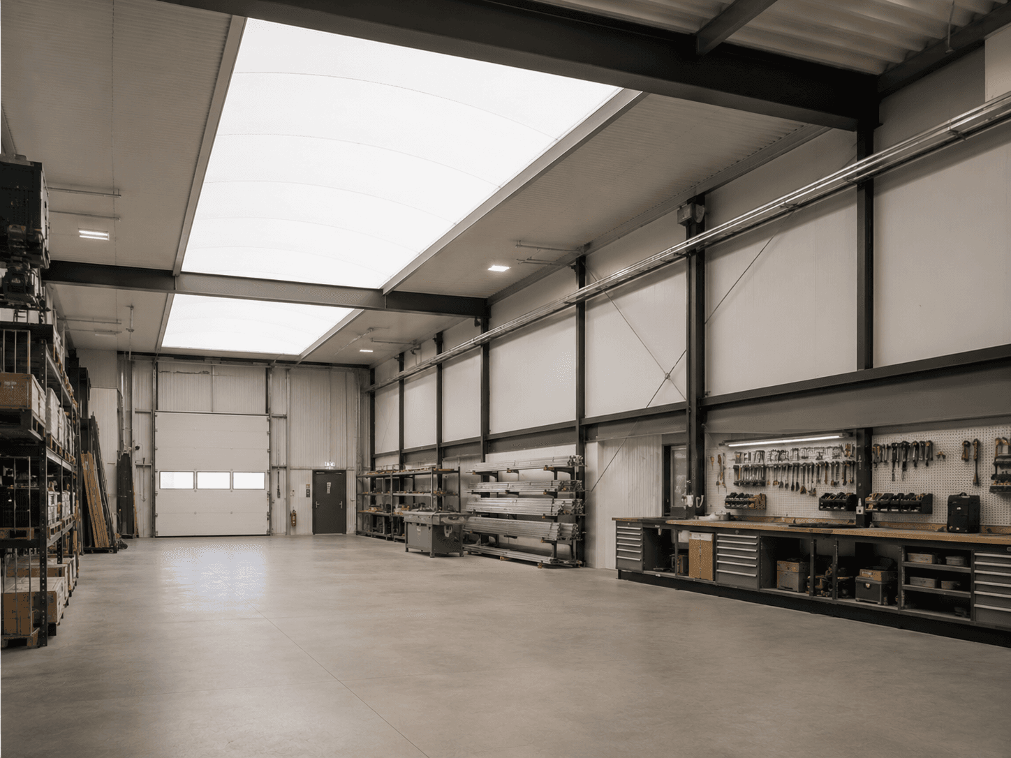 Aangenaam gefilterd daglicht in een zakelijke hal door lichtstraat zonwering