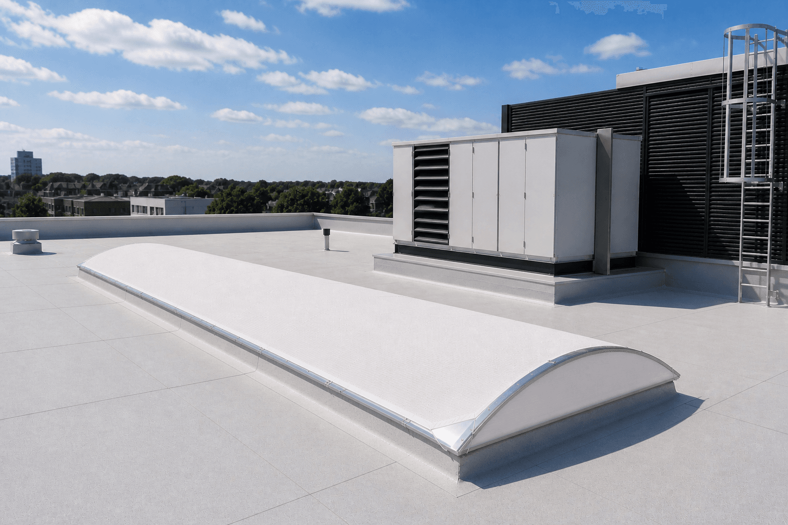 Buitenzonwering op maat aangebracht op de lichtstraten van een productiehal