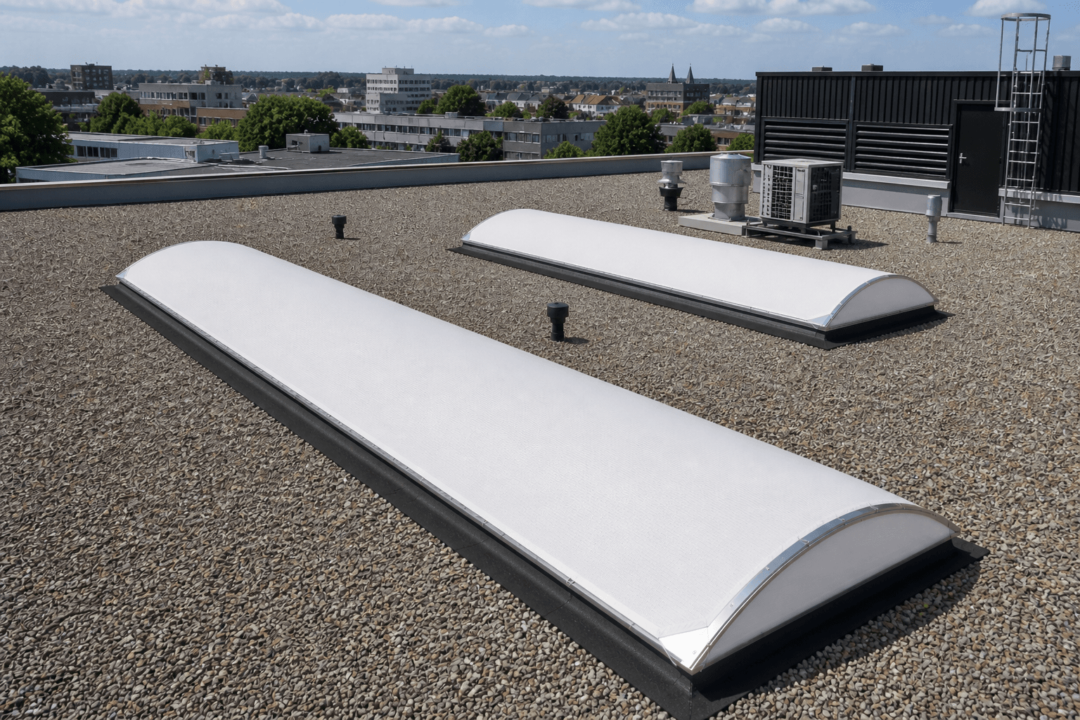 Buitenzonwering op maat aangebracht op de lichtstraten van een logistieke hal