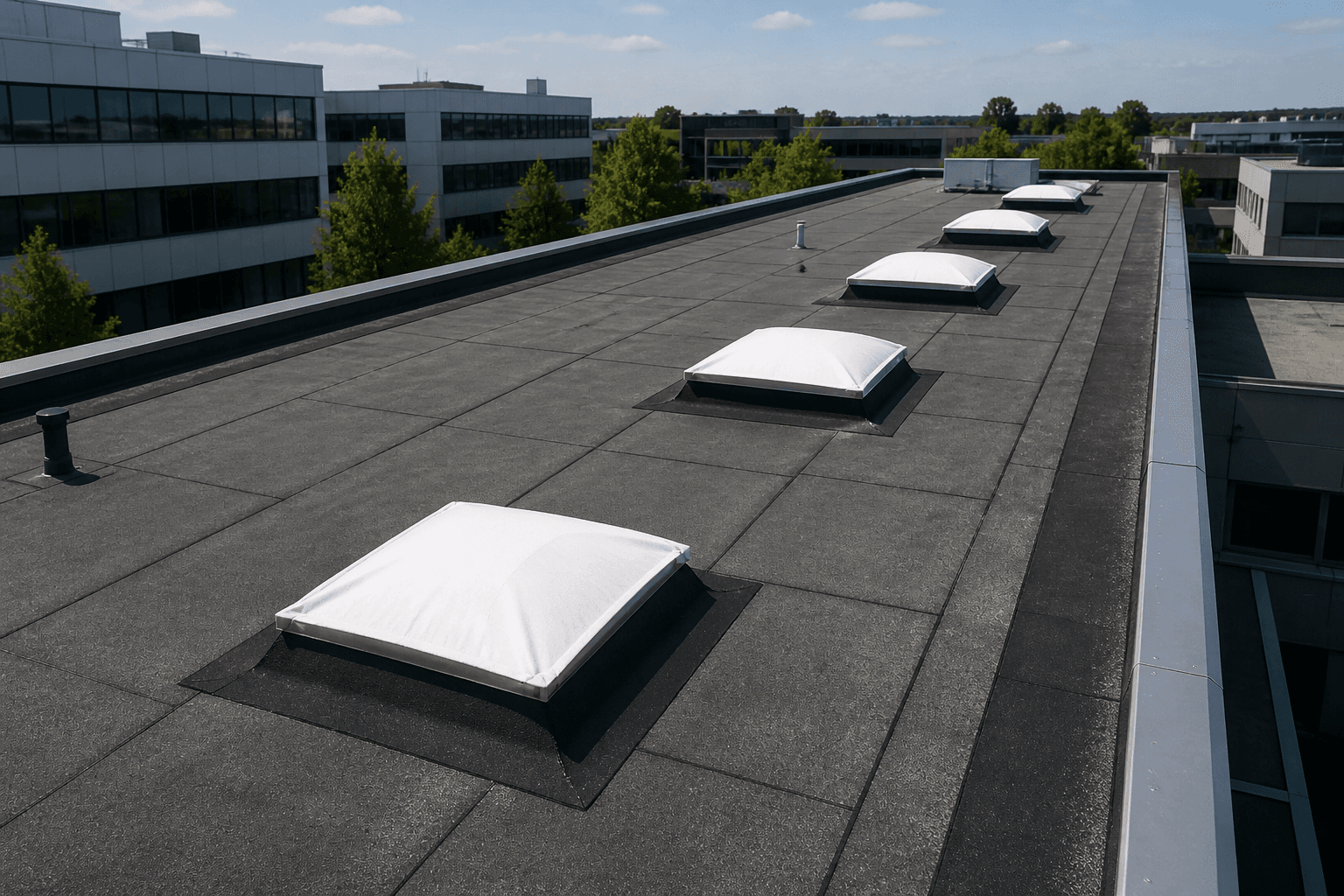 Buitenzonwering op maat aangebracht op de lichtstraten van een kantoorgebouw
