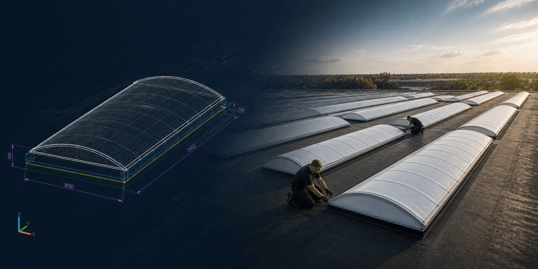 Dakdekker op het dak bij lichtstraten van een industrieel bedrijfspand