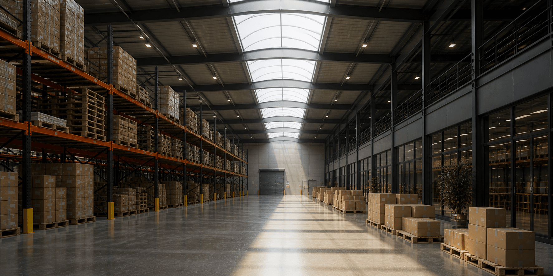 Industrieel bedrijfspand met lichtstraten in het plafond die daglicht doorlaten
